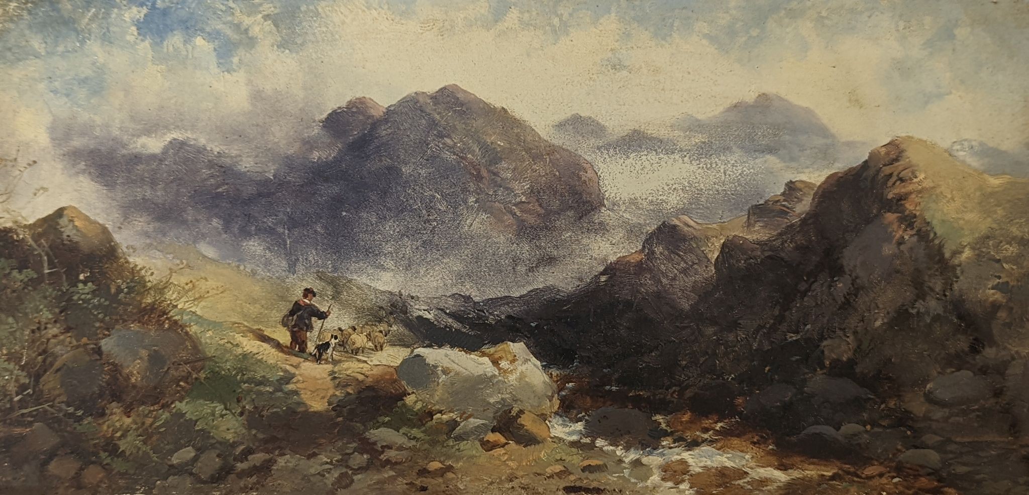 19th century Scottish School, oil on card, Shepherd and flock in the Highlands, indistinctly signed and dated '60, 16 x 34cm